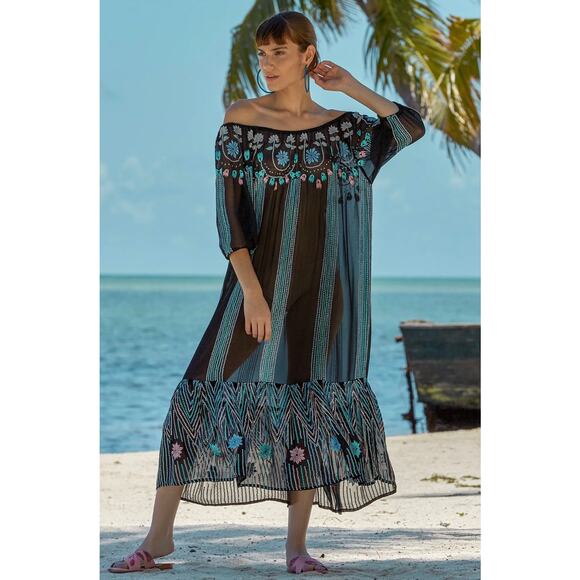 Carolina K Charo Dress Off The Shoulder Maxi Sheer Beaded Embroidered Small - Picture 1 of 11